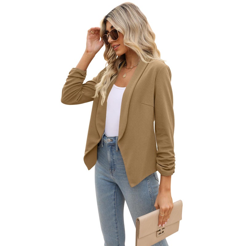 POGTMM Cardigans Professional Suit Jacket for Women 3/4 Sleeve Stretchy Blazer (Khaki, S) - Image 5